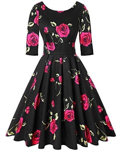 Image of MINTLIMIT Women's Vintage 1950's Floral Christmas Dress 3/4 Sleeve Dress Party Cocktail Dress Floral Rose Black and Red,Size XXL