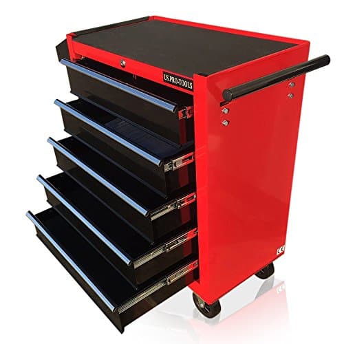 Image of us pro tools TOOL CHEST TOOL BOX ROLLER TOOL CABINET RED WITH BLACK DRAWERS