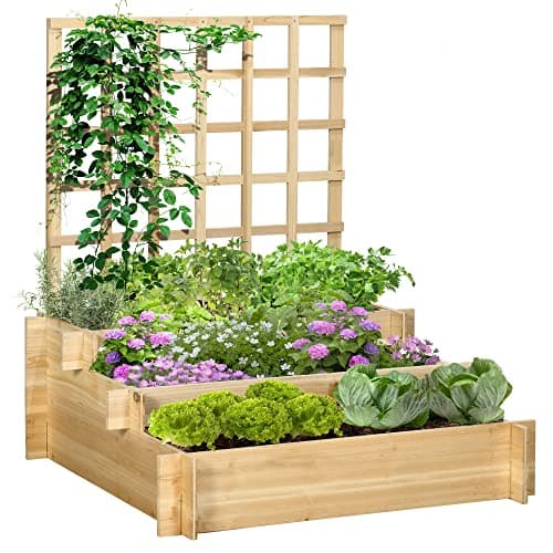 Image of Outsunny 3 Tier Planters with Trellis for Vine Climbing, Wooden Raised Beds for Garden Patio, Outdoor Planter Box for Vegetables, Flowers, Herbs, Natural Tone