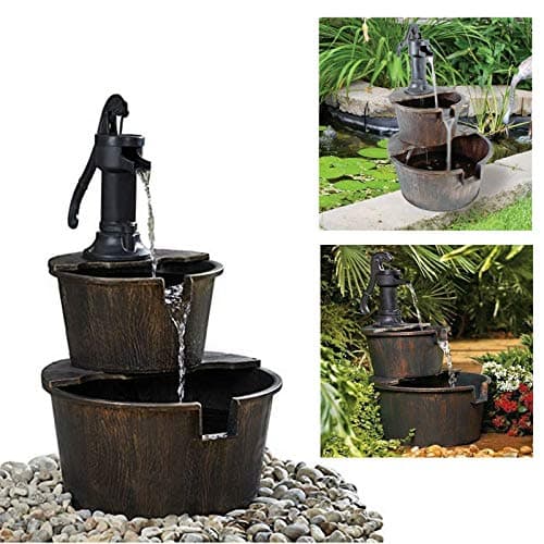 Image of Wooden Effect Water Fountain Outdoor Cascading Feature Barrel Garden Deck Two Tier