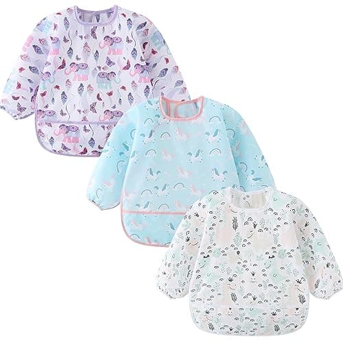 Image of ElecMotive 3 Pack Long Sleeve Baby Bibs, Waterproof Sleeved Bib, Toddler Soft Bib for 6-30 Months (3 Pack A)