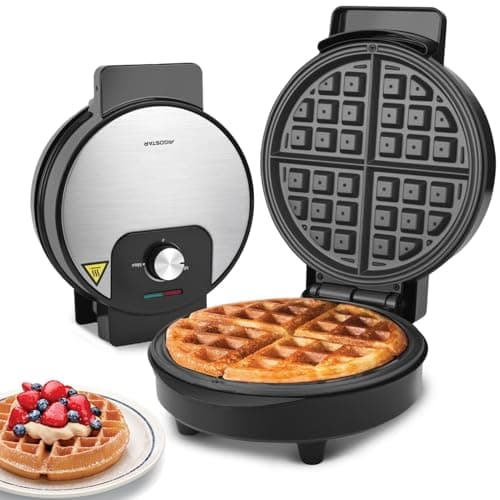 Image of Aigostar Round Waffle Maker with Adjustable Temperature Control, Non Stick Deep Fill Waffle Iron, Belgian & American Waffle Machine, Cool Touch Handle, 1000W, Stainless Steel - Crunchy