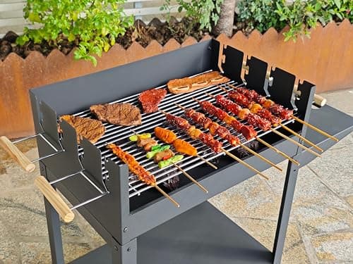 Image of BBQ Kingdom Portable Charcoal Barbecue Grill, Large Dual Cooking Grates with Adjustable Heights, Rolling Wheels, Side Table, Windshield, Dark Grey