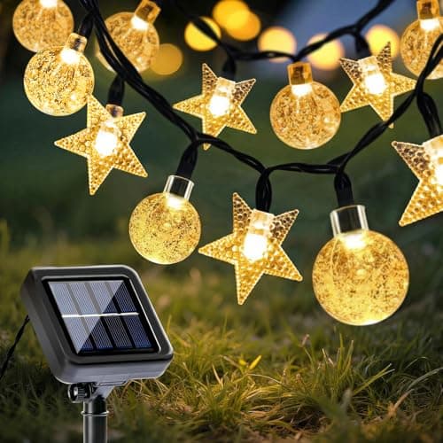 Image of COZII Solar Lights Outdoor Garden, 60LED 10M/33Ft Solar Garden Lights String with IP65 Waterproof, 8 Modes Lighting, Crystal Ball & Stars Fairy Lights for Yard, Garden, Home, Patio(Warm White)