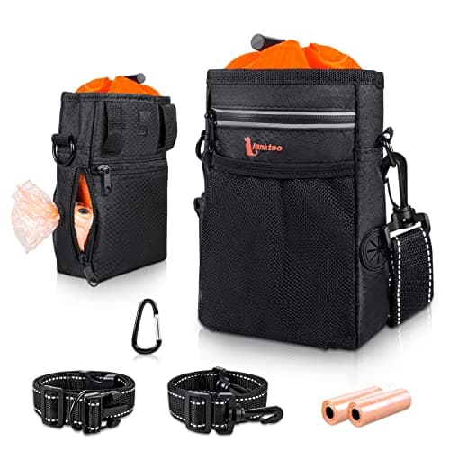 Image of lanktoo Dog Treat Pouch Bag with Poop Bag Holder, Waterproof Puppy Training Walking Bag W/Shoulder Strap, Waist Belt and Clip, Easily Carrying Dog Toys, Food (Black+Orange)