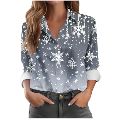 Image of Christmas Jumpers for Women Long Sleeve Santa Claus Xmas Tree Snowflake Shirts UK Ladies Button Novelty Graphic Christmas Blouses Funny Printed Sweatshirts Casual Holiday Tops 5XL
