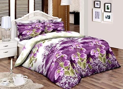 Image of HASSTEX Printed Roses Florence Style 100% Egyptian Cotton Duvet Quilt Cover Bedding Set (Lilac-Green-Floral-Double)