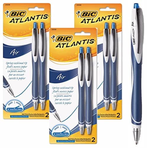 Image of 6 x Bic Atlantis Air Retractable Ballpoint Pens, Full Length Grip & Cushioned Spring Tip That Floats Across Paper for Ultra Smooth Writing! (Blue Ink)