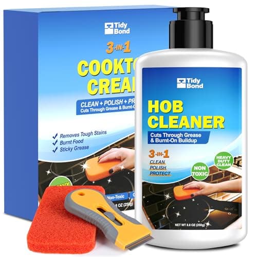Image of Hob Cleaner Kit for Glass, Ceramic & Induction Hobs – Heavy Duty Hob Cleaner and Polish with Scraper & Non-Scratch Pad, Removes Burnt-On Food, Grease & Stains, for Electric Hob Cleaning, 250ml