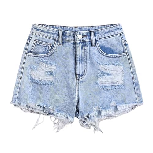Image of Girls Ripped Jean Shorts Button Elasticated Waist Wide Leg Denim Shorts Casual Fashion Loose Straight Leg Short Jeans with Pockets for Girls Teenagers 12-16 Years Summer Beach Holiday Blue