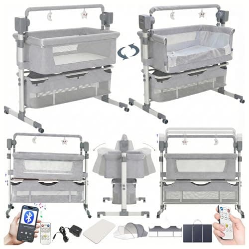 Image of Magic ZC Baby Bedside Crib Baby, Cot Multifunctional Bassinet Infant Bedside Sleeper Convertible, Cradle with Bluetooth Music 5 Swaying Gears Remote Control, Portable Foldable Swing (Mid Grey-1)