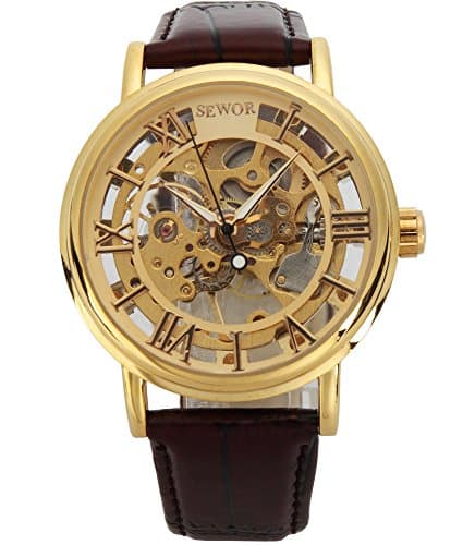 Image of SEWOR Men's Mechanical Hand-Wind Skeleton Transparent Wrist Watch with Vintage Style (Gold Brown)