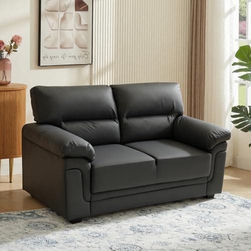 Image of Panana Modern Luxury Faux Leather Comfortable Sofa Couch Settee, Pillow Top Arm Sofa Bed Couch, 2 Seater or 3 Seater for Choice (Black, 2 Seater)