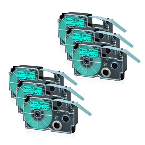 Image of NineLeaf 6 Pack Replacement for Casio EZ XR12GN XR-12GN AR-12GN XR-12GN2S XR12GN2S 12mm 0.47'' 1/2 inch Black on Green Label Tape for KL750 KL750B KL750BA KL750KITCH KL780 KL8100 Label Maker