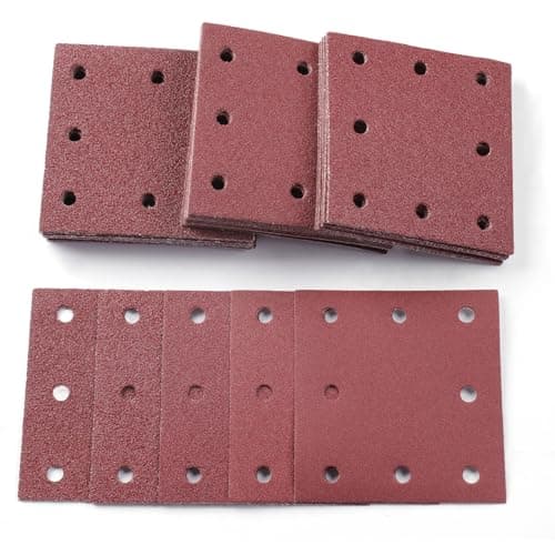 Image of Sruhrak 50 Pieces Sanding Paper Kit, 110 x 115 mm Sander Paper 40/60/80/120/240 Grit 8 Holes Rectangular Sandpaper for Random Orbital Sander
