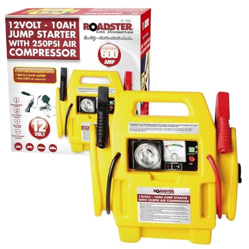 Image of 12v Portable Car Jump Starter - Air Compressor Battery Start Emergency Booster Charger Volt Leads Rechargeable Built in 3.5w Spotlight Garage All in One Travel