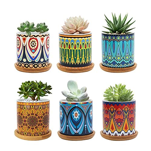 Image of FORAGIFT 7.5CM Succulent Plant Pot, Ceramic Mandala Pattern Cactus Plants Pot, Small Plant Pots for Indoor Outdoor Plants with Bamboo Tray, and Great for Home Office Decor, Set of 6