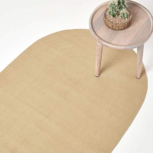 Image of HOMESCAPES Linen Handmade Braided Oval Rug For Bedroom & Living Room Reversible Woven Cotton Small Rug, 60 x 90 cm