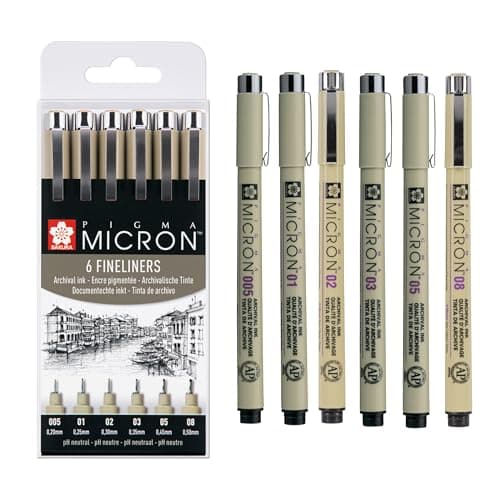 Image of SAKURA Pigma Micron Fineliner Pens Set of 6, Waterproof, Permanent Black Ink, Assorted Sizes | Pens for Writing, Drawing & Journaling