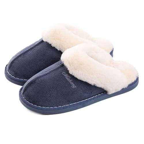 Image of Misolin Women Men Slipper Memory Foam Fluffy Slip-on House Suede Fur Lined/Anti-Skid Solendoor & Outdoor, 7/8 UK, Blue