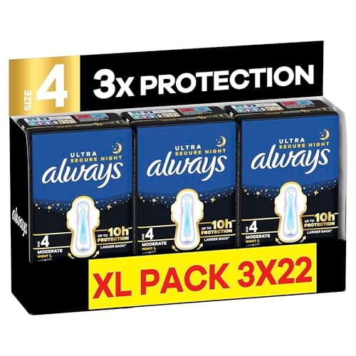 Image of Always Ultra Sanitary Towels, Size 4 Secure Night, Extra Large Pack, 66 Count, Super Absorbent, Ultra Thin Pads with Wings for Overnight Protection
