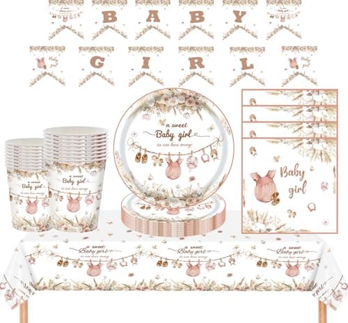 Image of MORAINJAY 65Pcs Baby Shower Party Tableware Set for Girl,Pink Table Decorations with Paper Plates Napkins Cups Tablecloth Banners,Baby Shower Party Supplies - 16 Guests