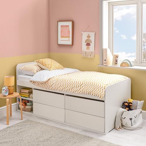 Image of Home Treats White Wooden Raised Cabin Bed Frame With 4 Storage Drawers 2 Shelves for Children Kids Teenagers (No Mattress)