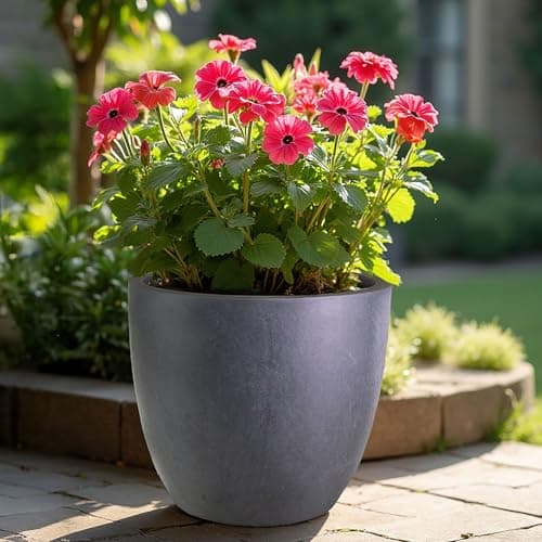 Image of IDEALIST 30cm Planter | Dark Grey Reinforced Stone Egg Outdoor Flower Pot | Garden Planters with Drainage Holes W30 H27 cm, with Inner Top D26 cm, 19 litres