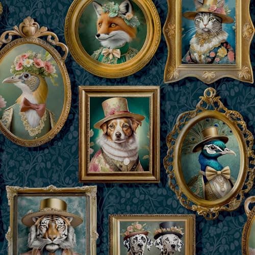 Image of Regal Beasts Animal Prints in Picture Frames in Victorian Style Costumes Wallpaper Perfect for Feature Walls, Bedrooms, Contemporary Modern Walldecoration Navy Blue Holden 13791