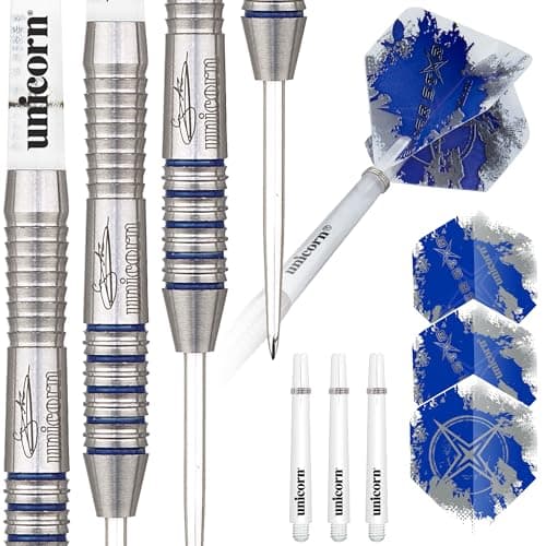 Image of Unicorn Steel Tip Professional Darts Set | Gary 'The Flying Scotsman' Anderson Silver Star | 80% Natural Tungsten Barrels with Blue Accents | 21 g