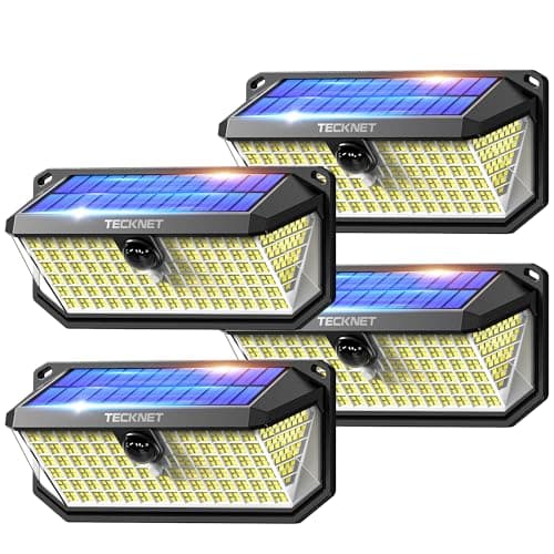 Image of TECKNET 416 LED Solar Lights Outdoor Garden 4200Lm, Motion Sensor Garden Lights, 300° Angle & 3 Lighting Modes, Security Outdoor Wall Light IP66 Waterproof for Fence Front Door Yard Garage, 4 Packs