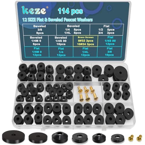 Image of KEZE 114 PCS 12 Size Tap Washers Assorted Kit with Brass Bibb Screws Assortment Flat and Beveled Rubber Washer Fits 1/4'',3/8'',1/2'',3/4'' Taps Stem Leak Worn Out Seal Repair