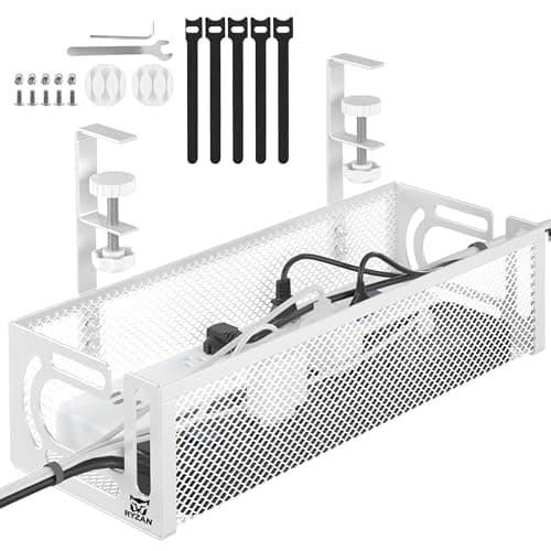 Image of RYZAN Under Desk Cable Management Tray, Black & White Wire Organizer, 39cm & 64cm Metal Mesh Tray, Power Strip Holder with Mounting Kit (White, 39 CM)