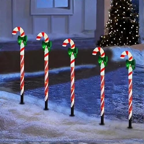 Image of ADEPTNA 5 Pack Christmas Pathway Candy Cane Lights – Battery Operated with Timer, 8 Modes, 1m Lead Wire & 35 Warm White LEDs – Outdoor Garden Path Decorations