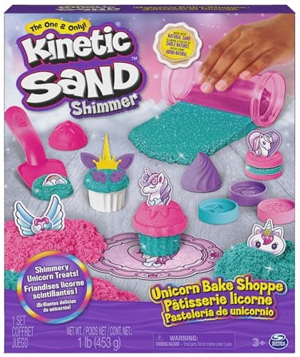 Image of Kinetic Sand Shimmer, Unicorn Bake Shoppe Playset, 453g of Kinetic Sand (Shimmer Teal and Pink Neon), 8 Unicorn Tools, Sensory Toys for Kids Aged 3 and up