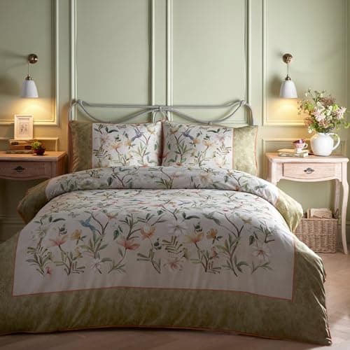 Image of Appletree - Sage Green Floral & Humming Birds Duvet Cover - King Bedding Size (230 x 220cm) - 200 Thread Count - 100% Cotton Sateen - 2 Pillowcases - Green Floral Bedding with Birds