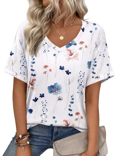 Image of Zeagoo Womens Summer Tops Short Sleeve Shirts V Neck T Shirt Plain Casual Tunic Blouse White Floral Size 14