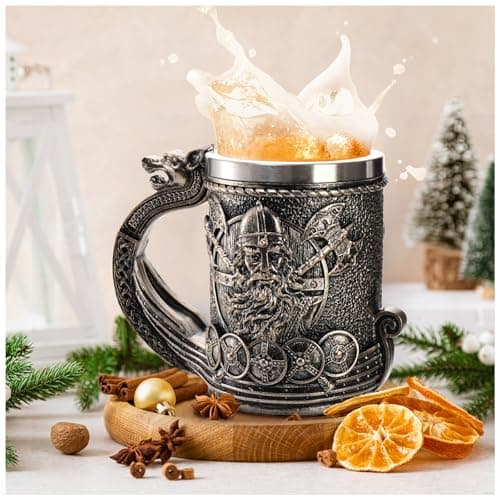 Image of ZENFUN Nordic Viking Ship Dragon Beer Mug, 18/8 Stainless Steel Drinking Tankard, 17.5oz/500ml Wine Coffee Cup, Norse Mythology Poetic Decor Beer Mug, Great Gift for Men