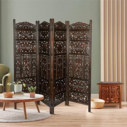 Image of Topfurnishing 4 Panel Room Divider Free Standing Mango Wood Hand Carved Folding Screen Partition Privacy Screen Decorative Headboard (Leaves Design, Dark Brown, 200 x 180 cm)