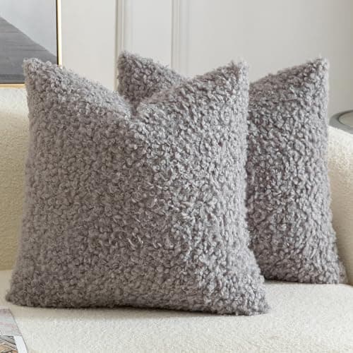 Image of YAERTUN Pack of 2 Faux Fur Cushion Covers Decorative Sherpa Boucle Throw Pillow Covers Fuzzy Soft Sheepskin Fleece Pillowcases for Couch Sofa Bed Living Room 18x18 Inch 45x45cm Light Grey