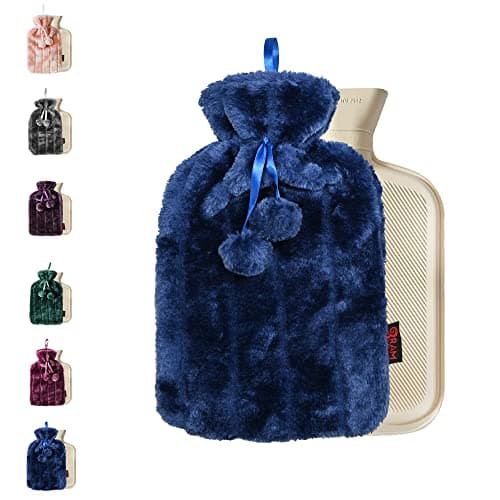 Image of Ram® 2 Litre Cosy Navy Blue Luxury Hot Water Bottle with Faux Fur Cover and Pom Poms Blue