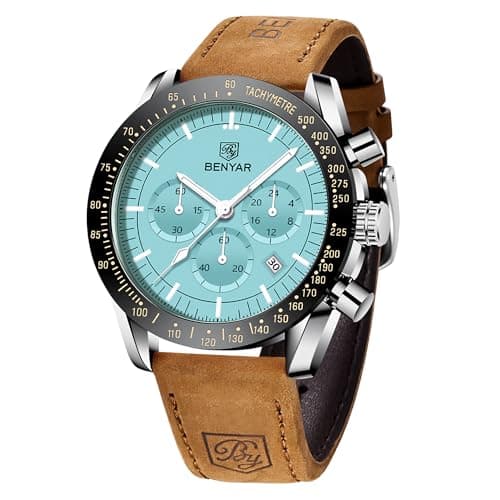 Image of BENYAR Watch for Men Analog Quartz Chronograph Waterproof Luminous Designer Big Face Mens Wrist Watches Business Sport Casual Dress Elegant Gifts for Men,Light Blue