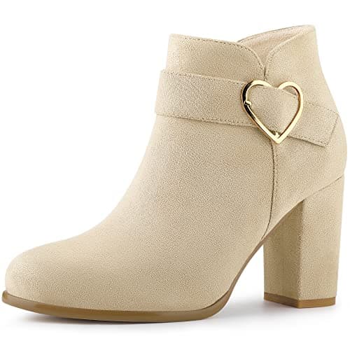 Image of Allegra K Women's Buckle Side Zip Chunky Heels Ankle Boots Beige 3.5 UK/Label Size 6 US