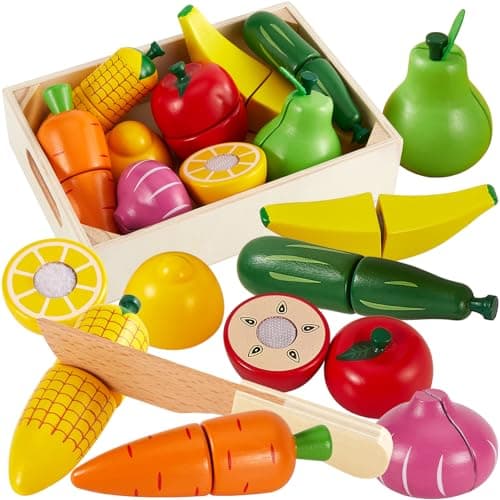Image of HERSITY Wooden Play Food Toys for Kids Kitchen Pretend Play Set Cutting Fruit and Veg Toys Toddlers Early Learning Gifts for 18 Months 2 3 4 Year Old Boy Girls Childrens