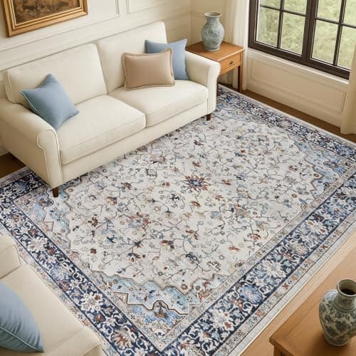 Image of Topfinel Large Rugs for Living Room 200x290cm, Low Pile Washable Rug with Non-Slip Backing, Vintage Blue Area Rug for Bedroom, Dining Room