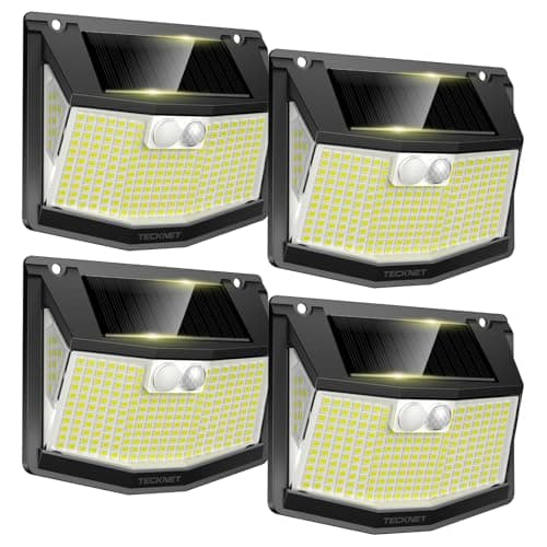 Image of TECKNET Solar Motion Sensor Lights Outdoor, 248 LED Bright Garden Wall Lights, 3 Lighting Modes, 300° Wide Angle, IP66 Waterproof, Easy to Install Security Lights for Fence, Yard & Garage (4 Pack)