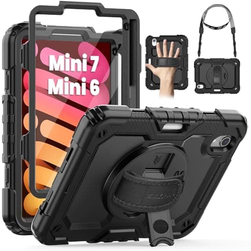 Image of SEYMAC Case for iPad Mini 7th/6th 8.3 inch 2024/2021 A17 pro, Shockproof Full Body Protective Case with Screen Protector, Hand Strap/Stand, Adjustable Shoulder Strap, Pencil Holder, Black