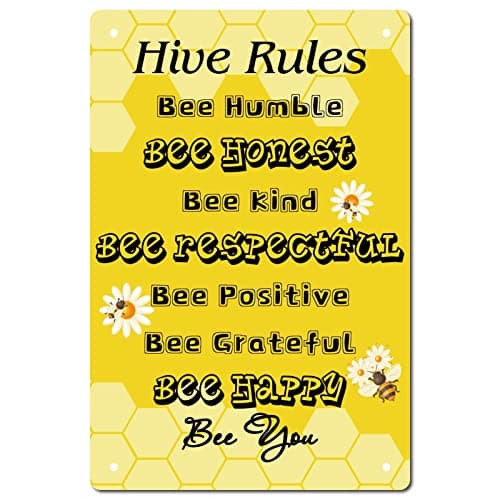 Image of CREATCABIN Metal Tin Sign Hive Rules Bee Happy Retro Vintage Funny Wall Decor Art Mural Hanging Iron Painting Poster Plaque for Home Garden Bar Pub Kitchen Living Room Office Garage 8 x 12inch