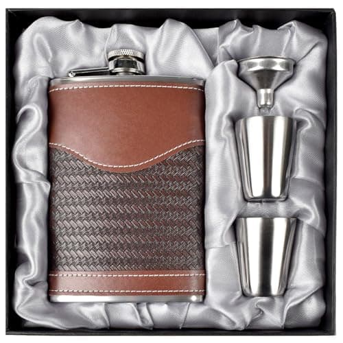 Image of LHD HOME Hip Flasks for Men Leather Hip Flask Gift Set,Hip Flask 304 Stainless Steel Flask Set w/Funnel Shot Glasses Gift for Whiskey Rum Groomsman Best Man Usher Wedding-Leather Stripe Brown-8oz