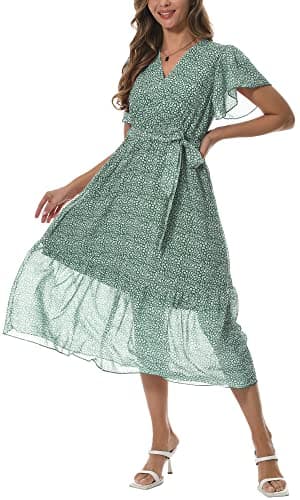 Image of PCEAIIH Women Summer Bohemian Floral Casual Cocktail Dresses V Neck Ruffle Cap Short Sleeve Wrap Belt A-Line Pleated Hem Swing Midi Sun Dress M Light Green
